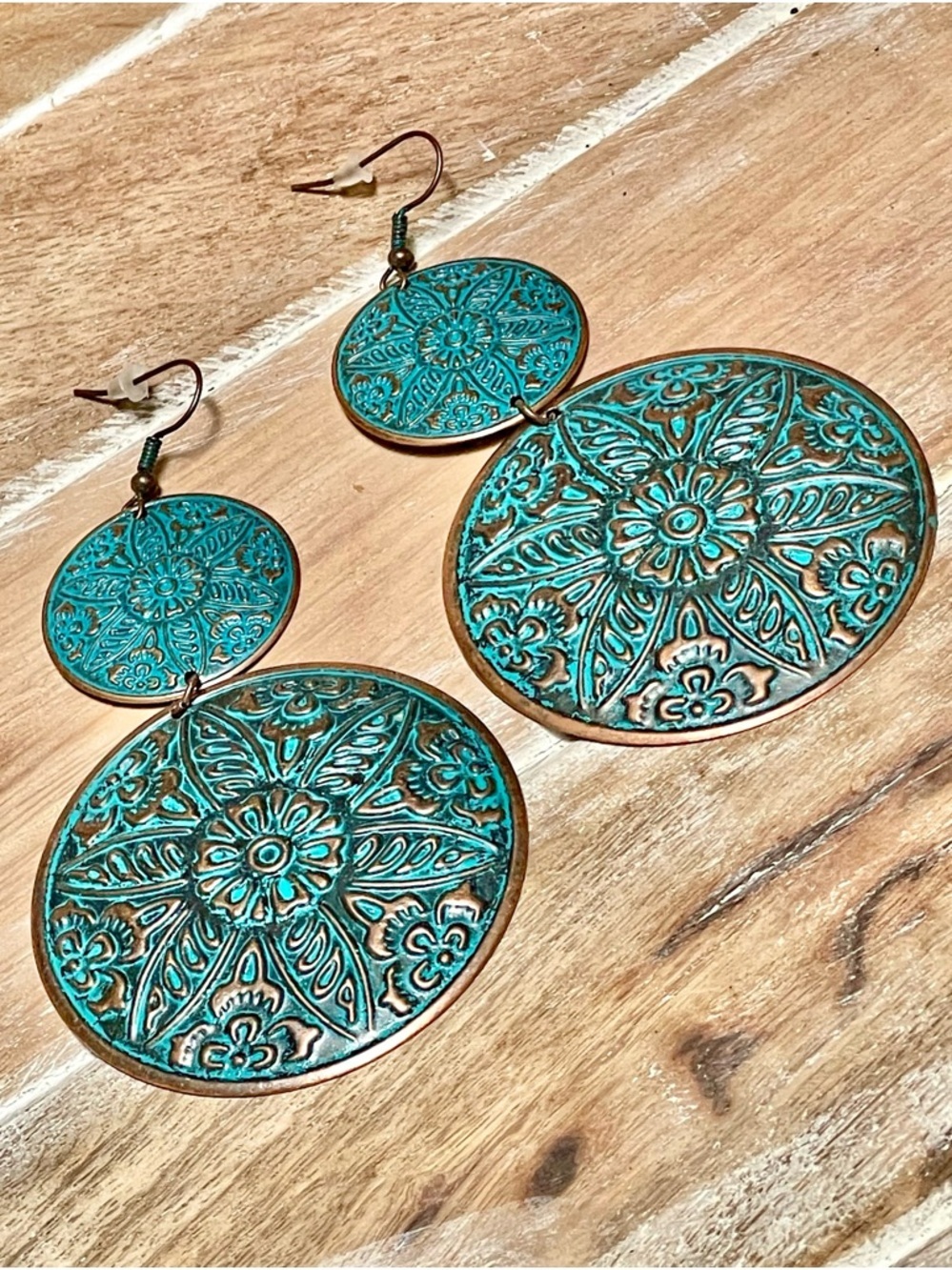 Turquoise Copper Patina Filigree Double Disc Drop Earrings XL - Picture 2 of 4